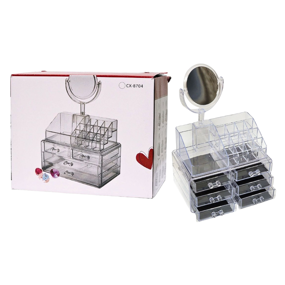 ORGANIZADOR ESTANTE DE COSMETICOS, MAQUILLAJE O JOYERIA TRANSPARENTE DE ACRILICO CON ESPEJO 18X22x13CM