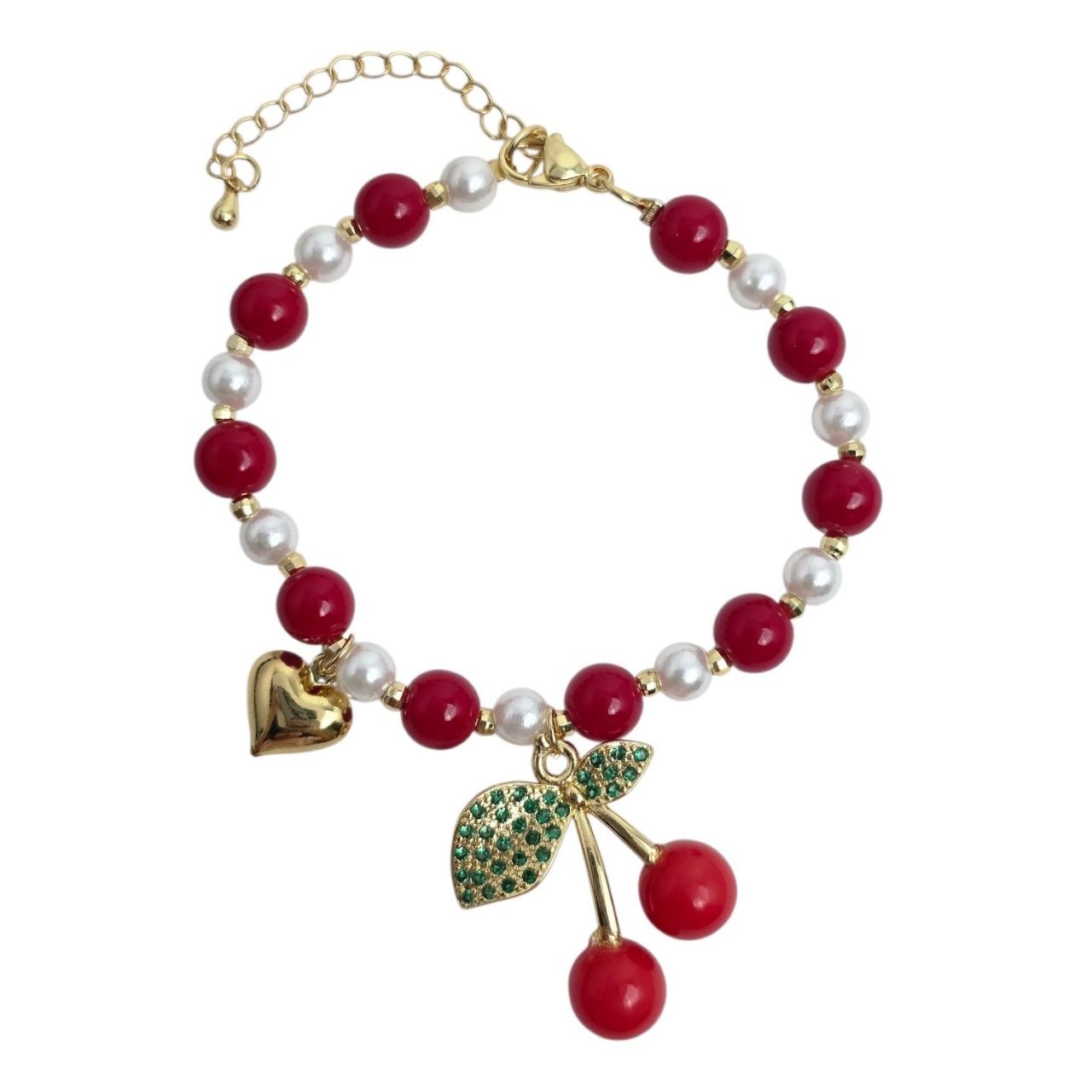 PULSERA DE ENCHAPE PARA DAMA CON DISEÑO DE CEREZA CORAZON Y PERLAS