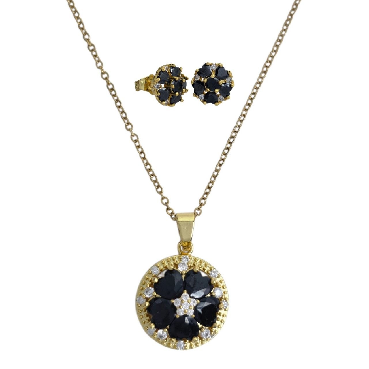 SET DE ENCHAPE PARA DAMA CON ROSETON NEGRO Y CIRCONIAS BRILLANTES