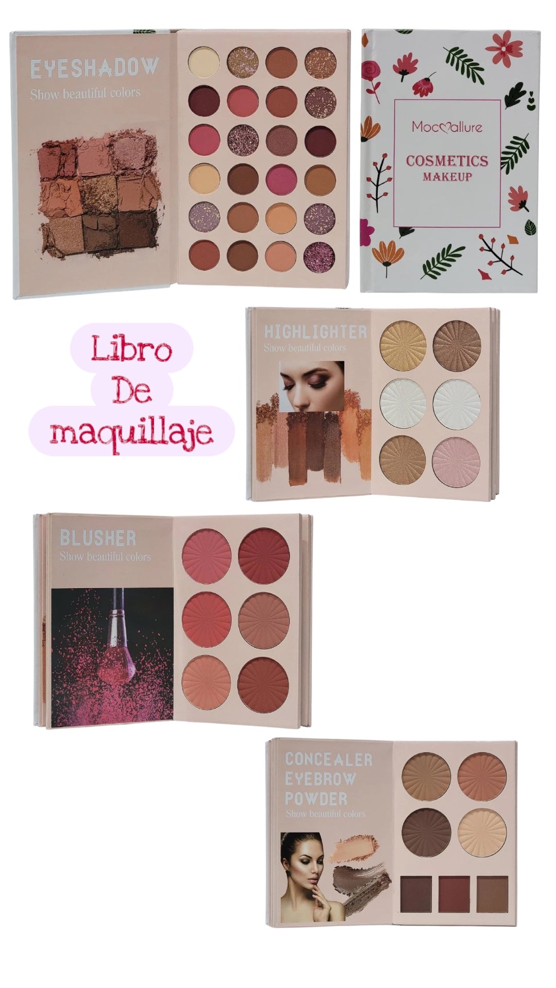 SOMBRA DE OJOS EN PALETA, LIBRO DE MAQUILLAJE SOMBRA DE OJOS, RESALTADOR, BLUSH, POLVO, CORRECTOR CEJAS MOC ALLURE COSMETICS MAKEUP 60G