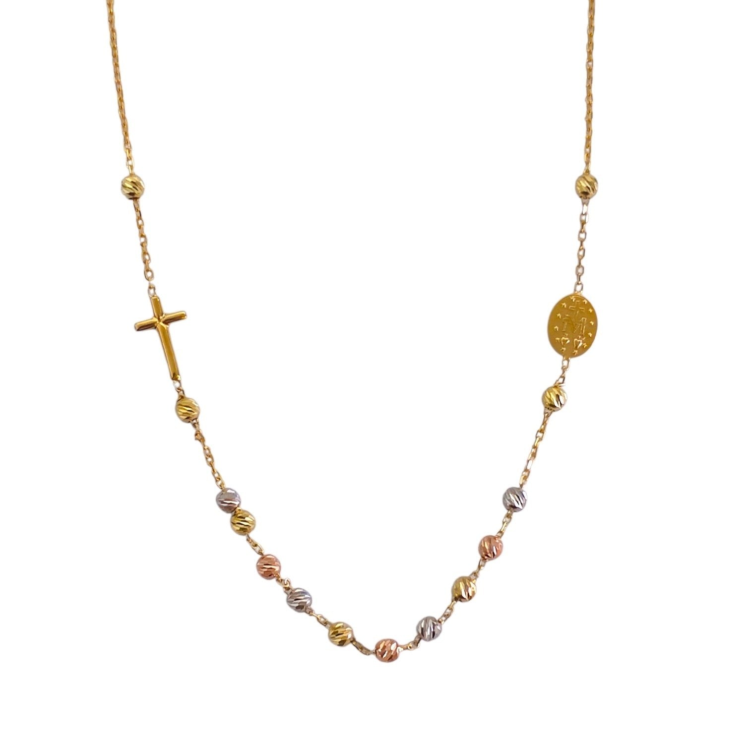 DIJE DE ORO 10K TIPO ROSARIO CON CRUZ Y BALINES DE COLORES 22CM PESO: 2.3G