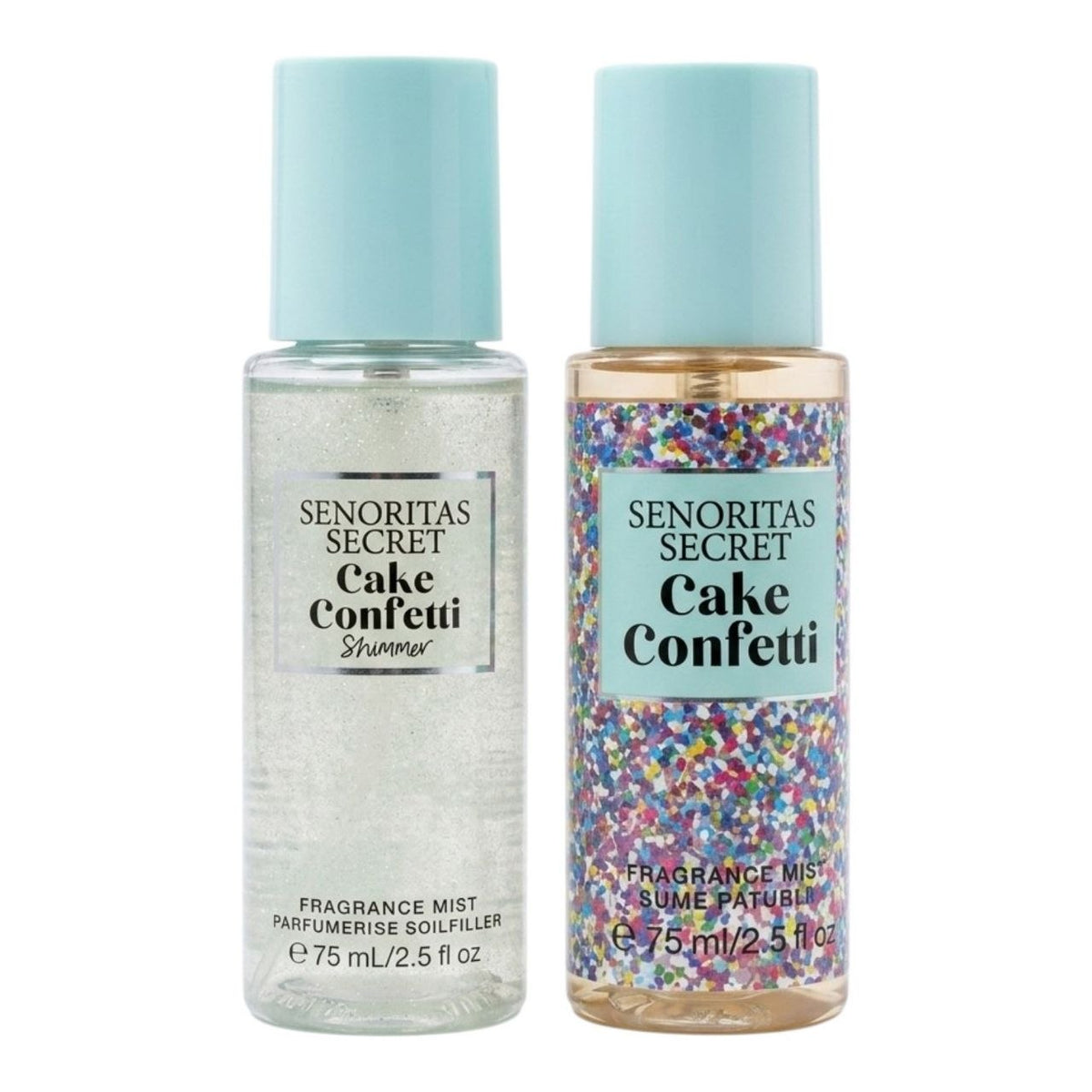 SET MINI SENORITAS SECRET CAKE CONFETTI SPLASH 75ML SHIMMER 75ML (M) (AROMA SIMILAR A VICTORIAS SECRET CAKE CONFETTI)
