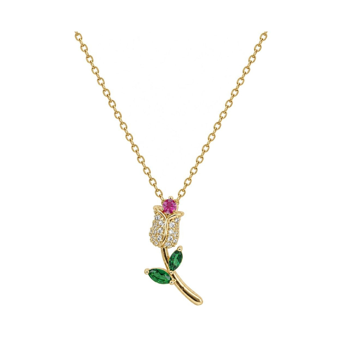 GARGANTILLA DE ENCHAPE PARA DAMA CON DISEÑO DE ROSA CON CIRCONIA FUCSIA Y HOJAS VERDES 2.3CM