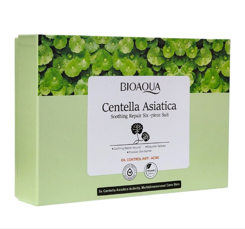 SET DE CUIDADO FACIAL DIARIO HIDRATANTE, CALMANTE Y ANTIACNE DE CENTELLA ASIATICA BIOAQUA 6PCS