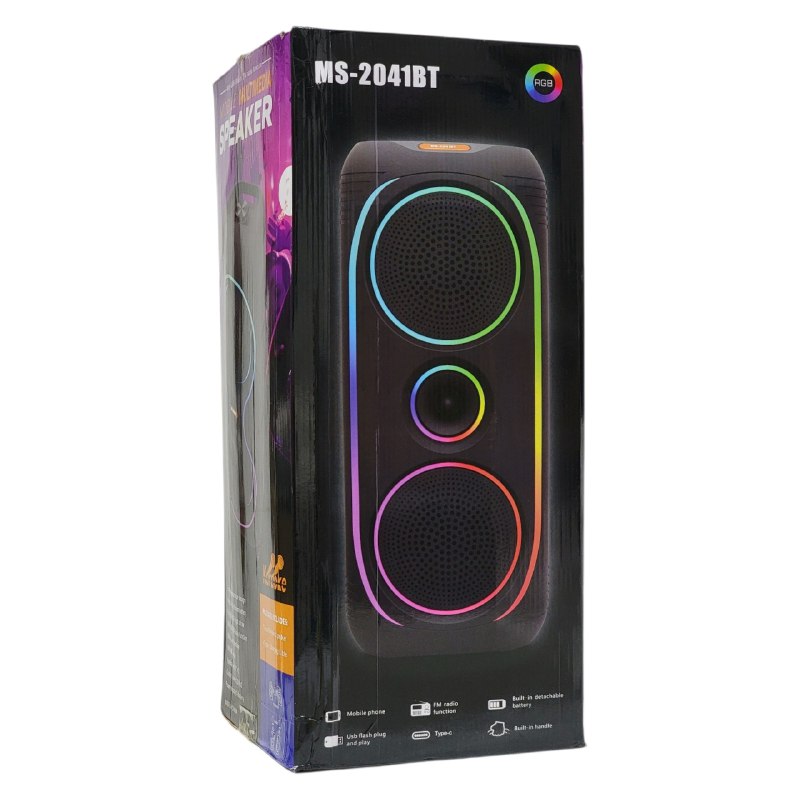 PARLANTE ALTAVOZ INALAMBRICO CON LUCES RGB DE PANEL COMPLETO, BATERIA DE ALTA CAPACIDAD Y 50W DE POTENCIA, SONIDO ENVOLVENTE Y MICROFONO PARA KARAOKE MS-2041BT