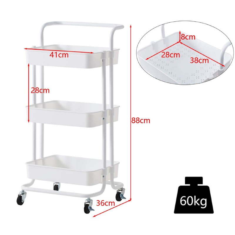 ESTANTE DE ALMACENAMIENTO RODANTE DE 3 NIVELES DE PLASTICO COLOR BLANCO 44x34x17CM