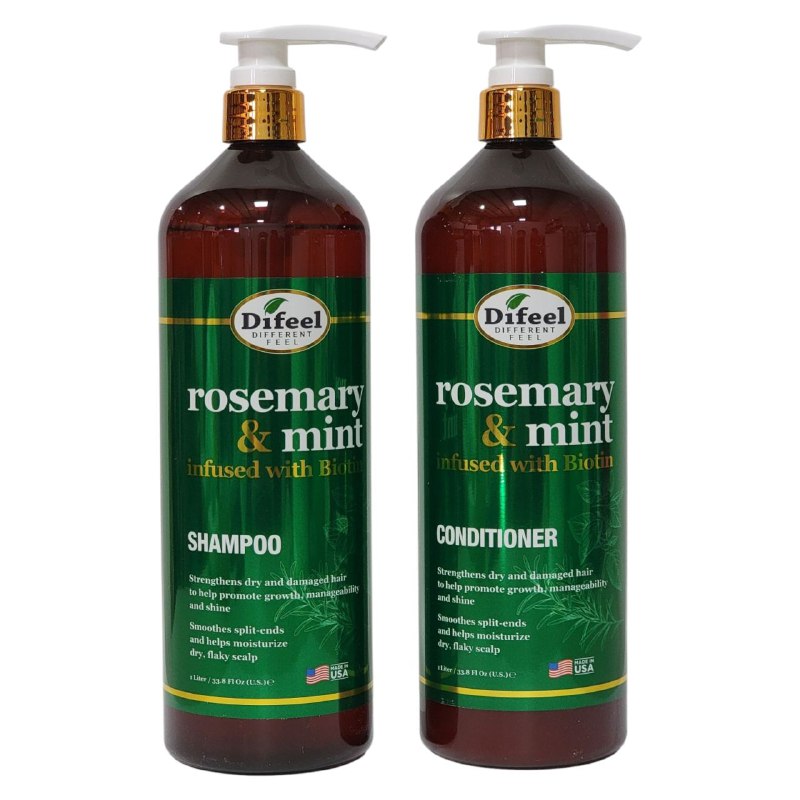 SHAMPOO Y ACONDICIONADOR DE ROMERO Y MENTA CUIDADO DEL CABELLO PREMIUM CON BIOTINA CABELLO CON BRILLO E HIDRATADO DIFFEL ROSEMARY & MINT 1LITROX2