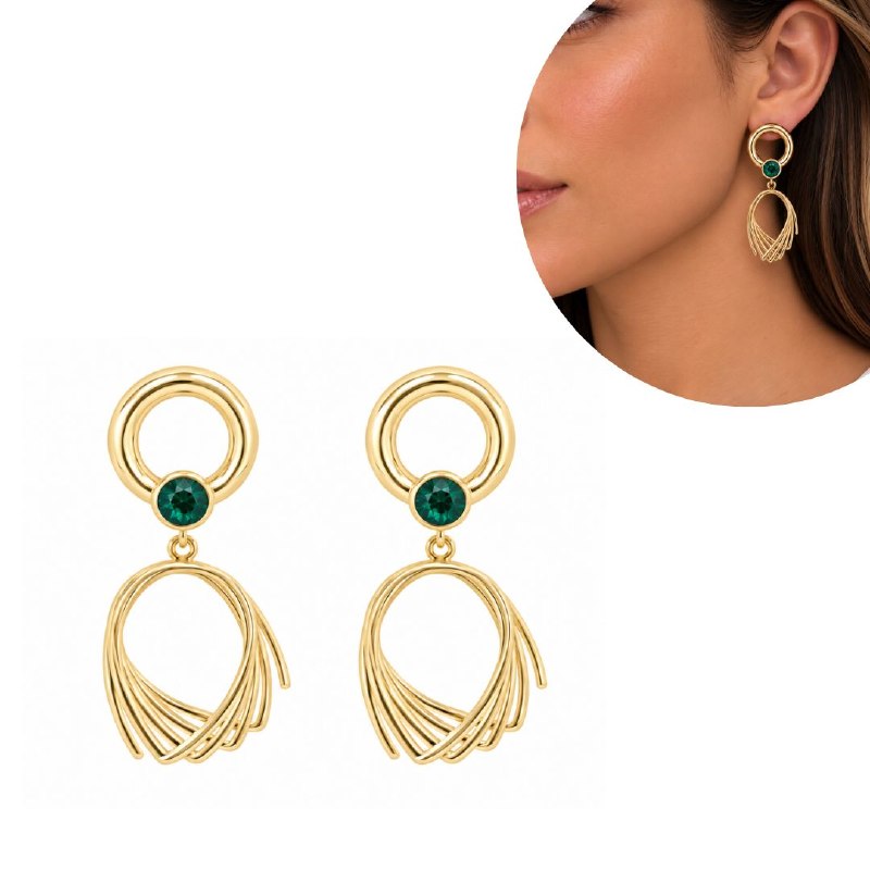 ARITOS DE ENCHAPE PARA DAMA CON DISEÑO COLGANTES CON CIRCON VERDE ESMERALDA Y AROS CURVOS 5.2CM