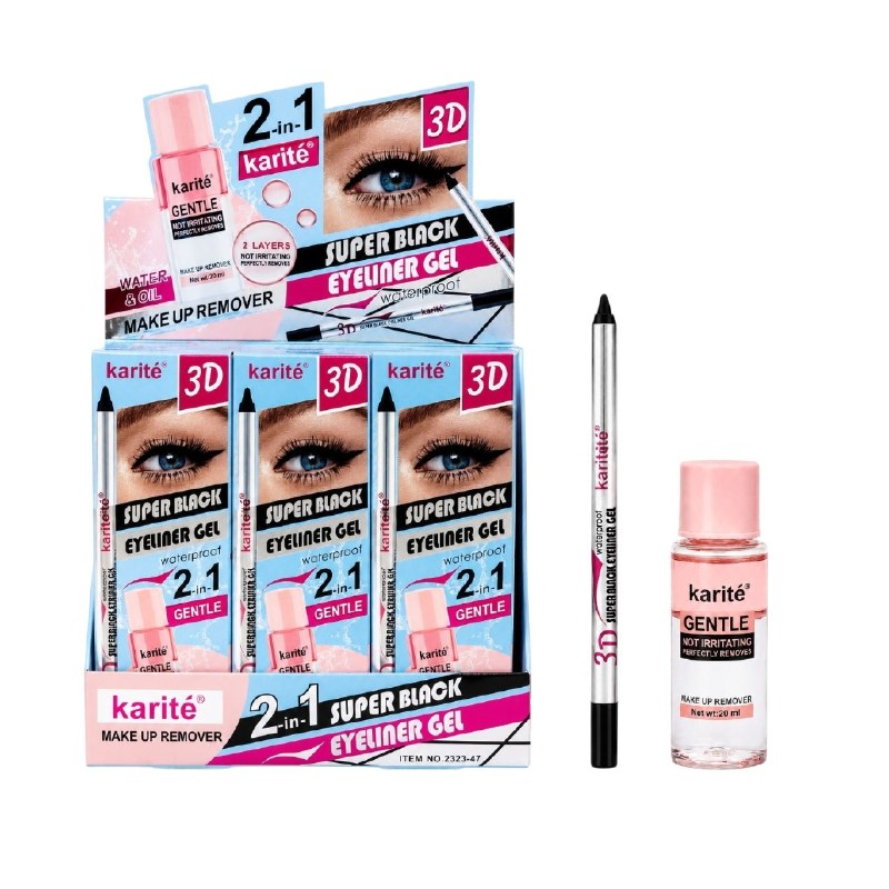 DELINEADOR DE OJOS EN GEL 2 EN 1 IMPERMEABLE Y DESMAQUILLANTE AGUA Y ACEITE NO IRRITANTE KARITE