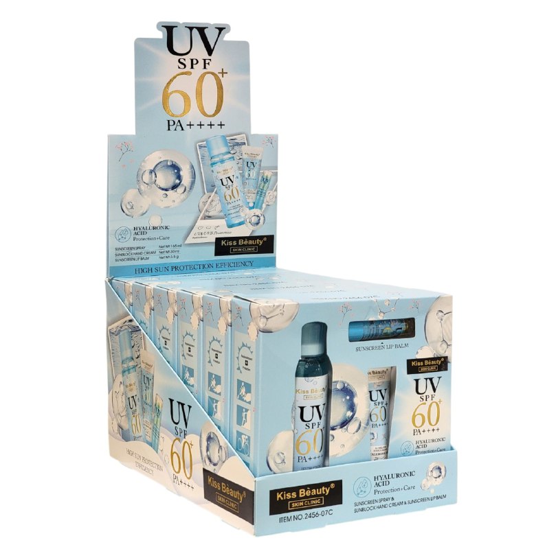 SET DE PROTECCION SOLAR Y CUIDADO HIDRATANTE CON ACIDO HIALURONICO 3PCS KISS BEAUTY