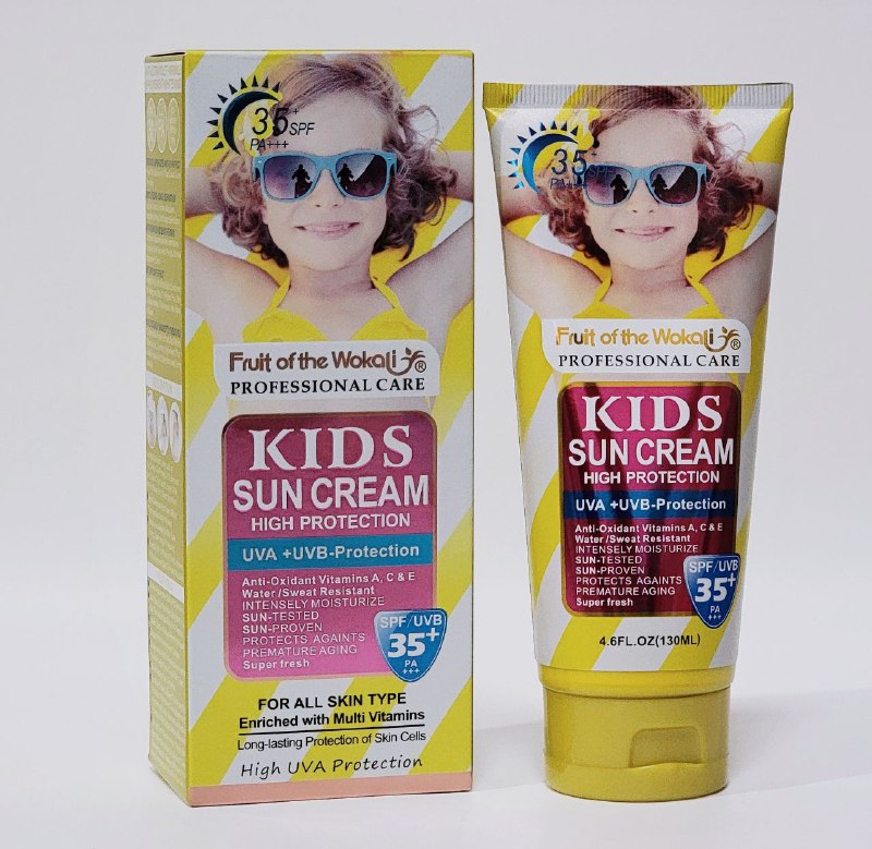 PROTECTOR SOLAR EN CREMA PARA NIÑOS ALTA PROTECCION SPF35, PROTECCION CONTRA RAYOS UVA, VITAMINAS ANTIOXIDANTES A,C Y E, RESISTENTE AL AGUA Y SUDOR FRUIT OF THE WOKALI 130ML