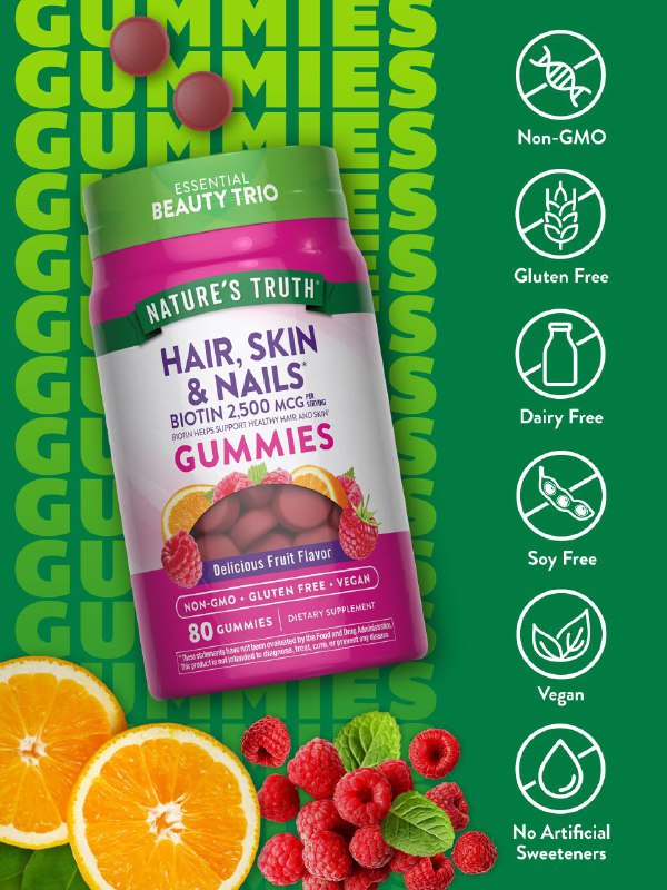 VITAMINAS EN GOMITAS PARA EL CABELLO, PIEL Y UÑAS BIOTINA 2.500MCG SABOR A FRUTAS NATURE S TRUCH 80UND