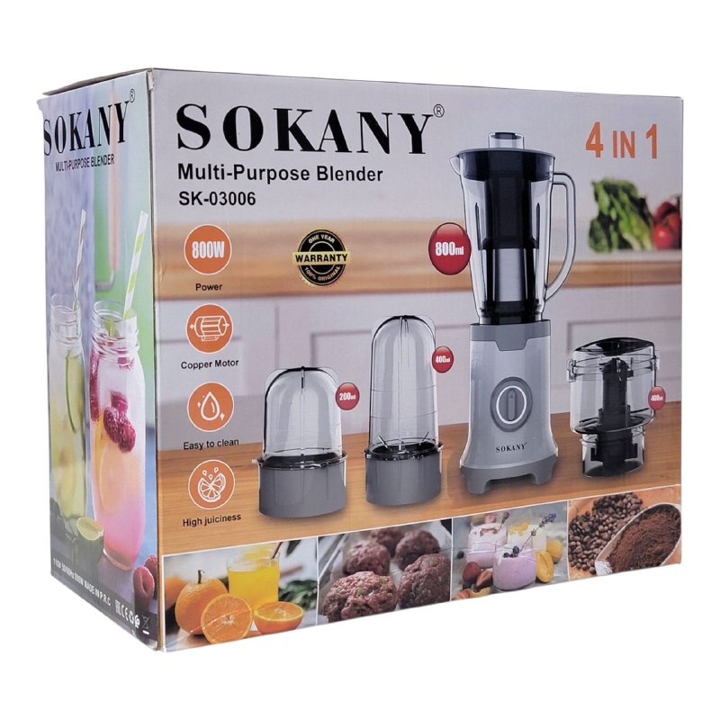 MAQUINA LICUADORA MULTIUSOS 4 EN 1 SK-03006 800W SOKANY