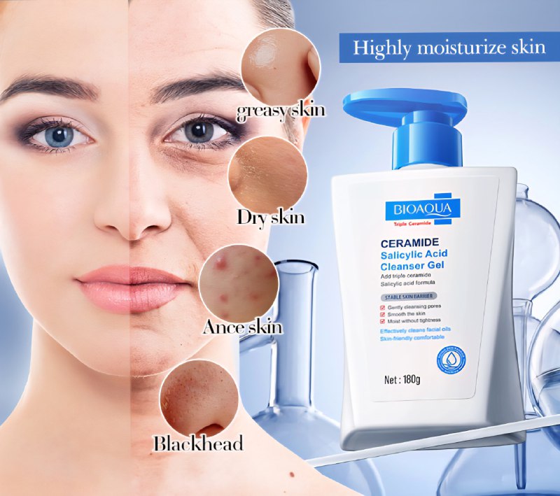 LIMPIADOR FACIAL EN GEL DE ACIDO SALICILICO Y CERAMIDA, LIMPIA Y SUAVIZA LA PIEL BIOAQUA 180G