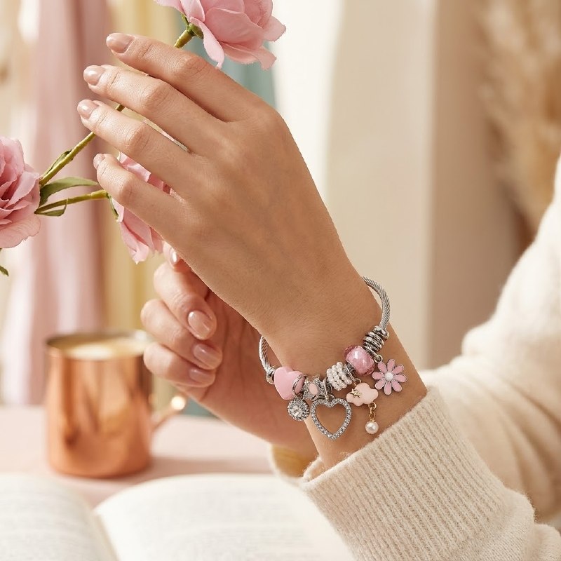 PULSERA DE ENCHAPE PARA DAMA CON DISEÑO DE CORZON, NUBE Y FLOR 6CM