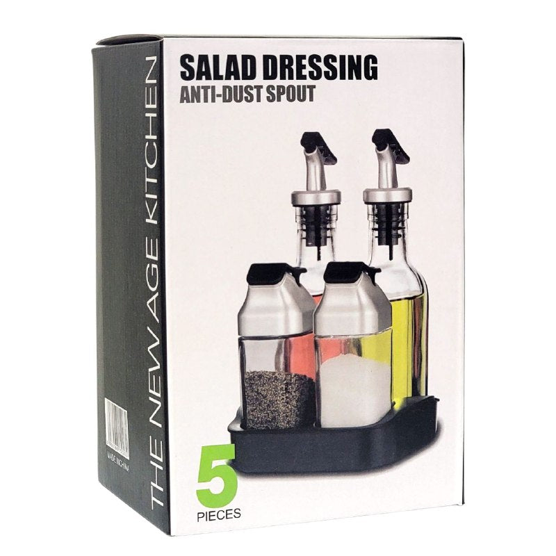 SET DE BOTELLAS DE VIDRIO DISPENSADORAS DE ACEITE, VINAGRE, SAL Y PIMIENTA CON BANDEJA ORGANIZADORA