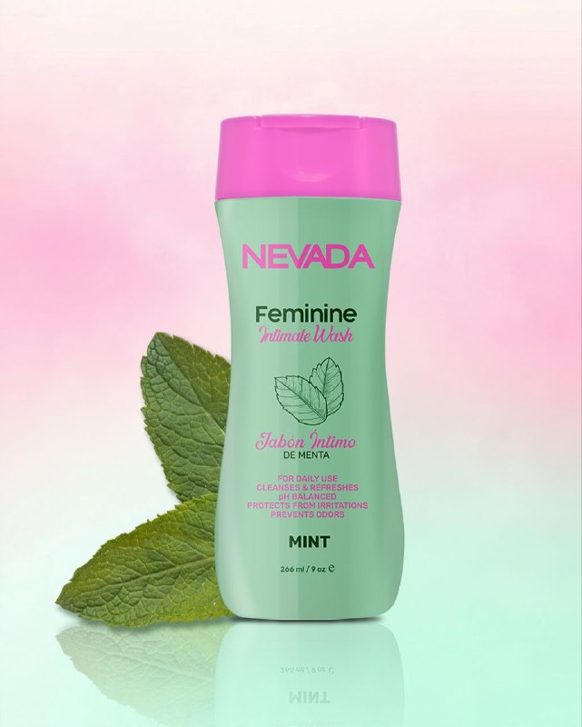 JABON INTIMO DE MENTA, LIMPIA Y REFRESCA, PREVIENE OLORES, PROTEGE IRRITACIONES, DA LIMPIEZA SUAVE Y REFRESCANTE NEVADA FEMININE 266ML