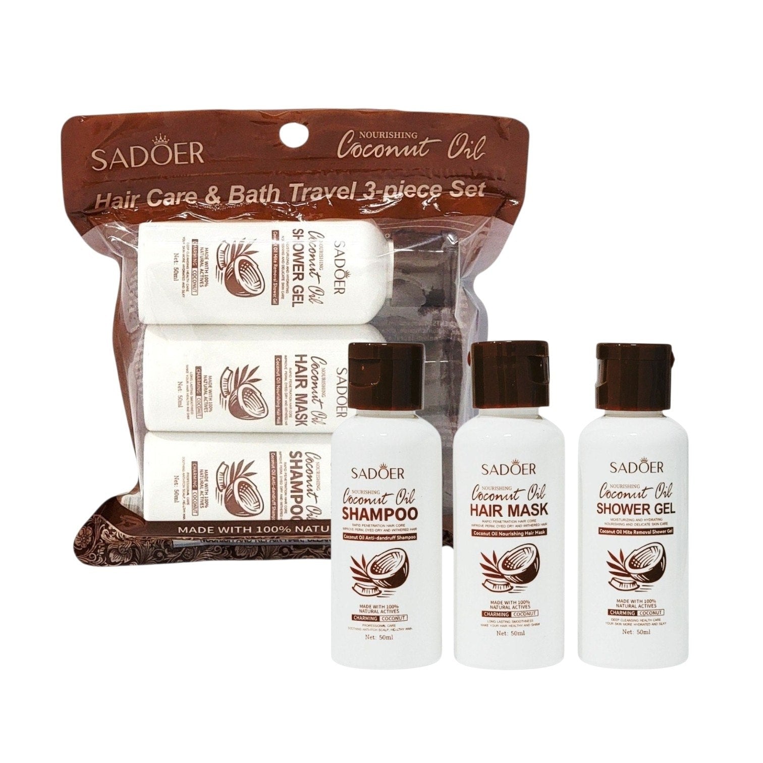 SHAMPOO PARA EL CABELLO EN SET DE 3 PIEZAS DE ACEITE DE COCO NUTRITIVO SADOER SHAMPOO 50ML, MASCARILLA CAPILAR 50ML, GEL DE DUCHA 50ML