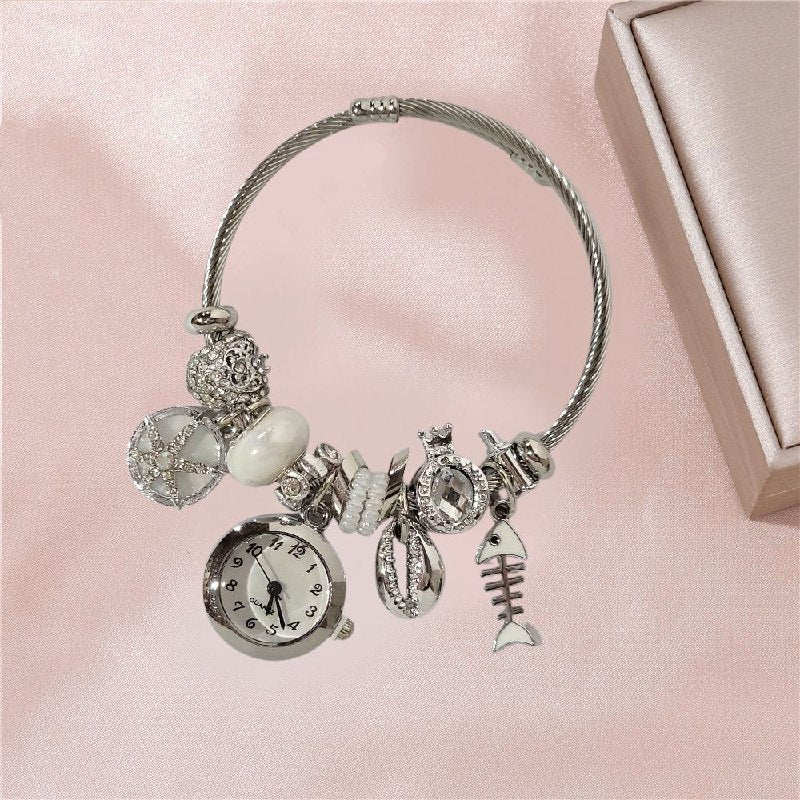 RELOJ ECONOMICO ESTILO PANDORA PARA DAMA DE ACERO CON BAÑO DE ENCHAPE