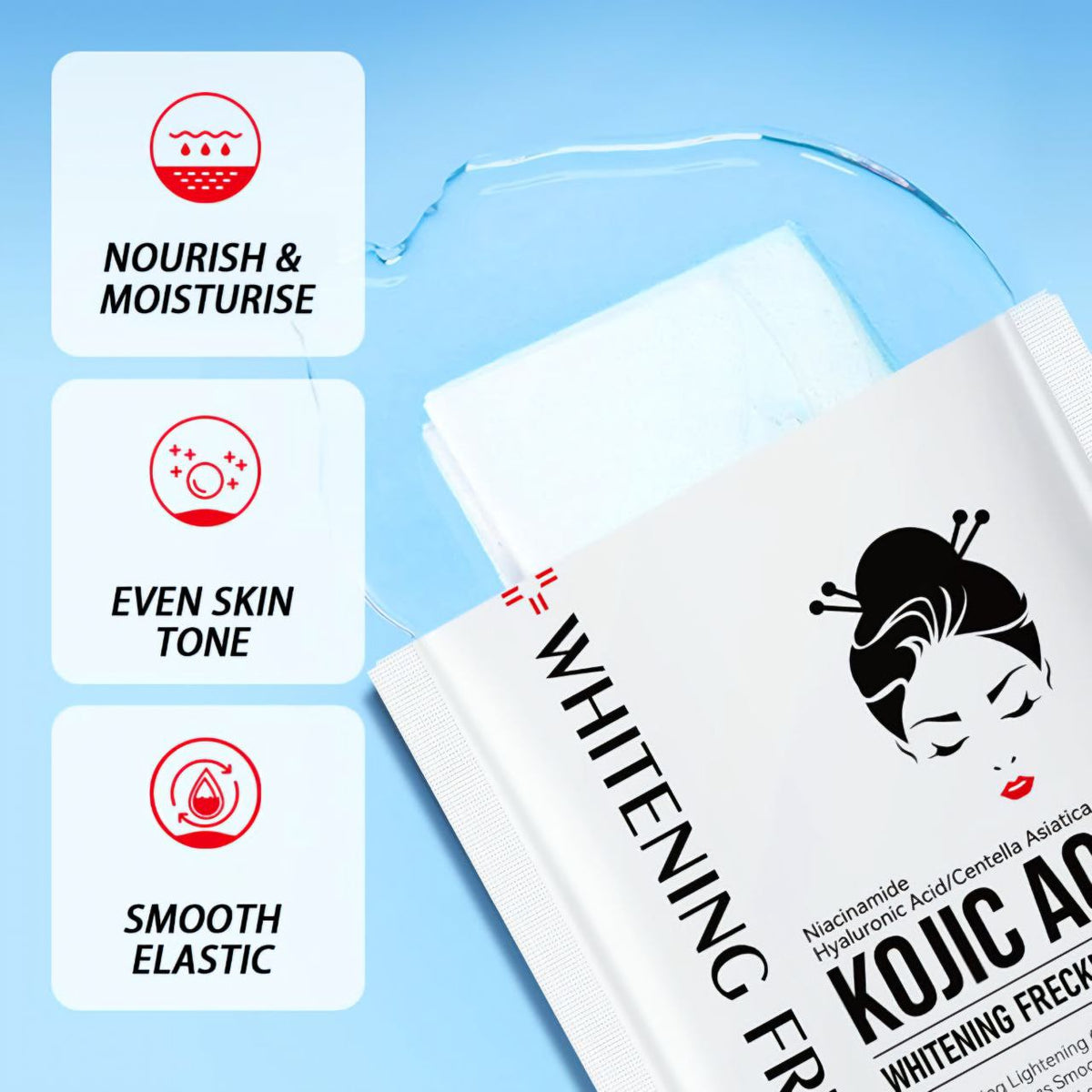 MASCARILLA FACIAL DE TELA BLANQUEADORA Y ANTIMANCHAS CON NIACINAMIDA CENTELLA ASIATICA ACIDO HIALURONICO Y KOJICO SADOER 30G