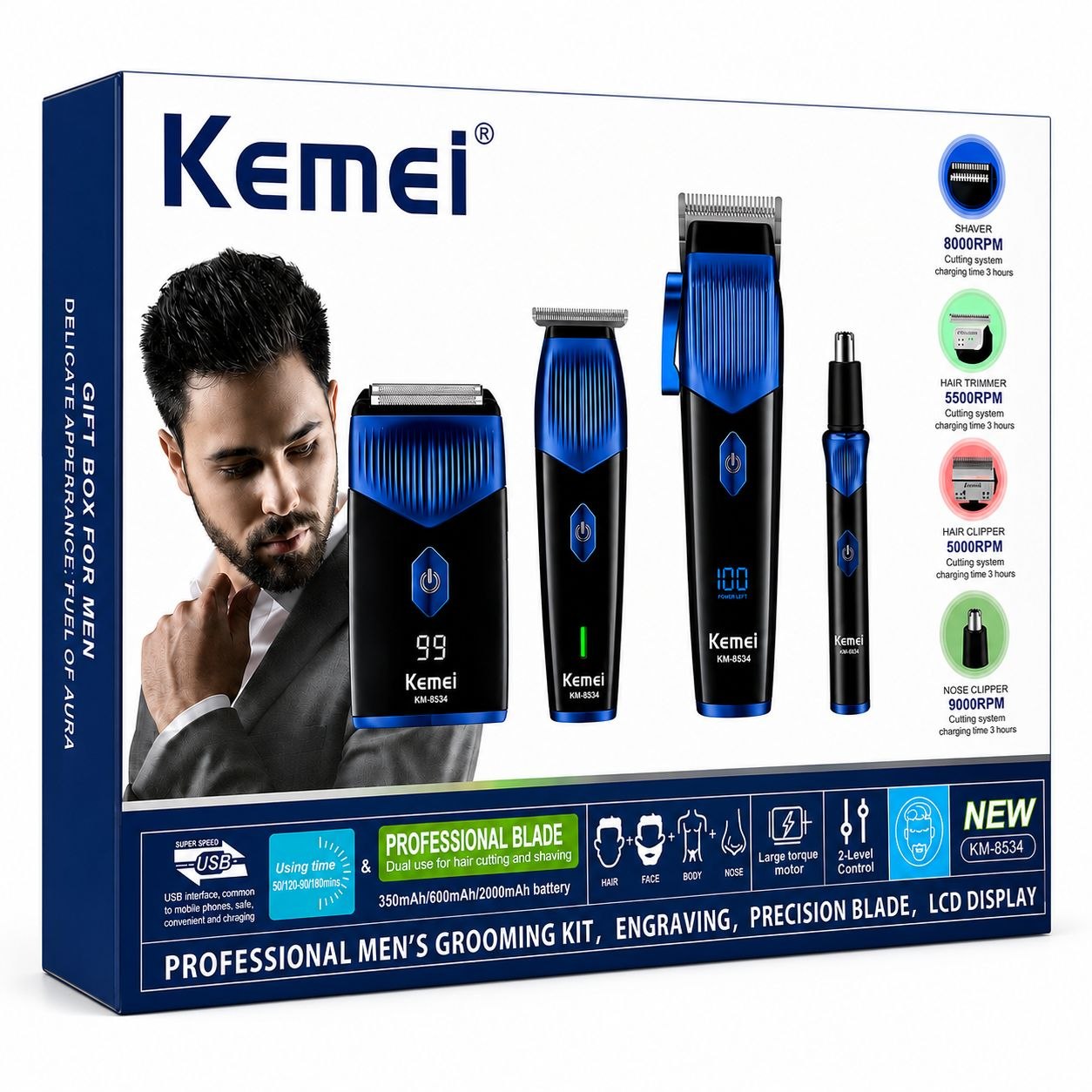 KIT PROFESIONAL 4 DE 17 PIEZAS PARA HOMBRES AFEITADORA CABEZAL, AFEITADORA PARA BARBA, AFEITAFORA PARA CUERPO, AFEITADORA PARA NARIZ Y OREJAS KEMEI 19CM, 14CM, 12CM