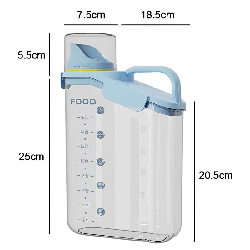 ALMACENADOR DISPENSADOR DE ALIMENTOS SECOS, CEREALES O GRANOS CON LINEAS MEDIDORAS Y TAPADERA DE PLASTICO 2600ML