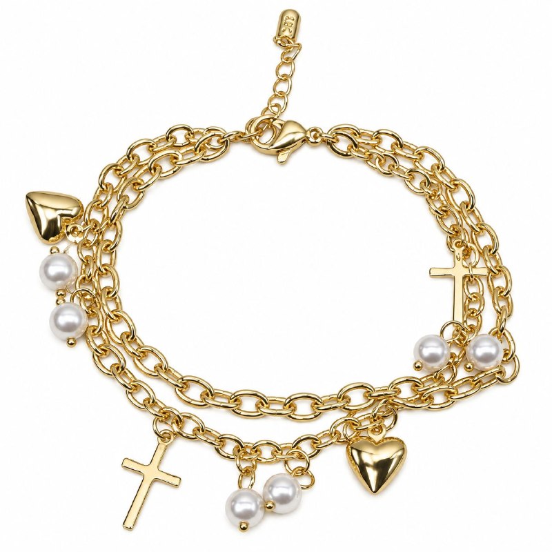 PULSERA DE ENCHAPE PARA DAMA CON DISEÑO DE CRUZ Y CORAZON 16CM