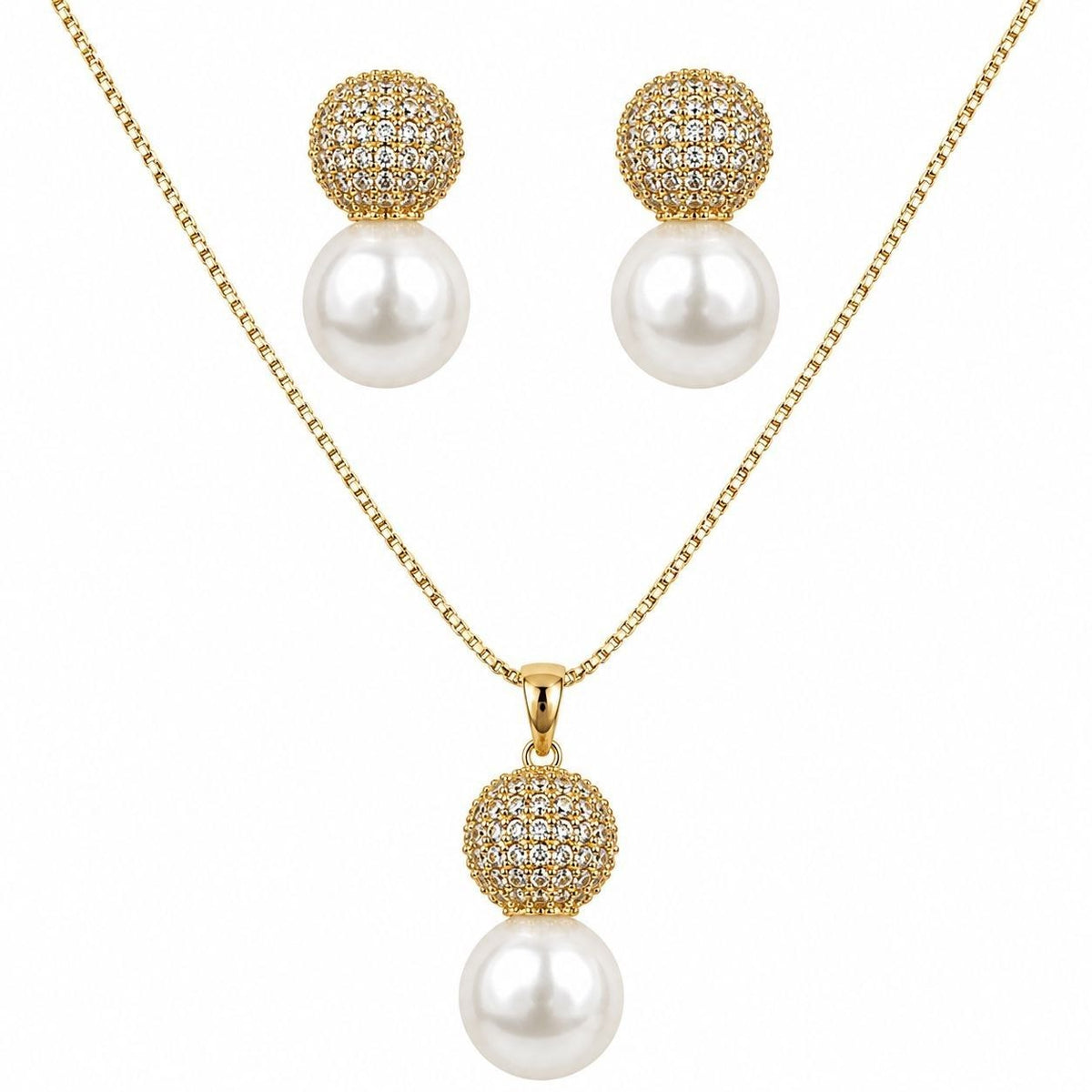 SET DE ENCHAPE PARA DAMA CADENA, DIJE Y TOPOS ESFERA PAVÉ CON PERLA COLGANTE