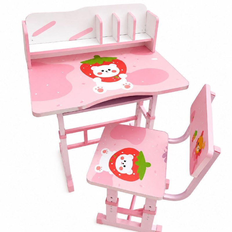 SET DE MESA Y SILLA INFANTIL PARA NIÑA CON DISEÑO DE FRESA Y OSITO MESA 86X70CM SILLA 62X32CM