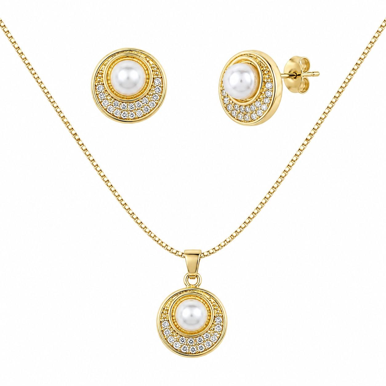 SET DE ENCHAPE PARA DAMA CON DISEÑO CIRCULAR CON PERLA Y HALO DE CRISTALES