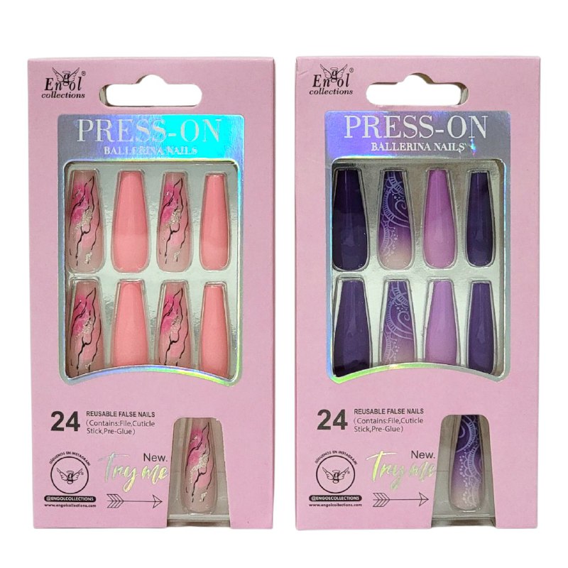 SET DE 24 UÑAS POSTIZAS REUTILIZABLES, LIMA, PALILLO PARA CUTICULA Y PEGAMENTO ENGOL COLLECTIONS