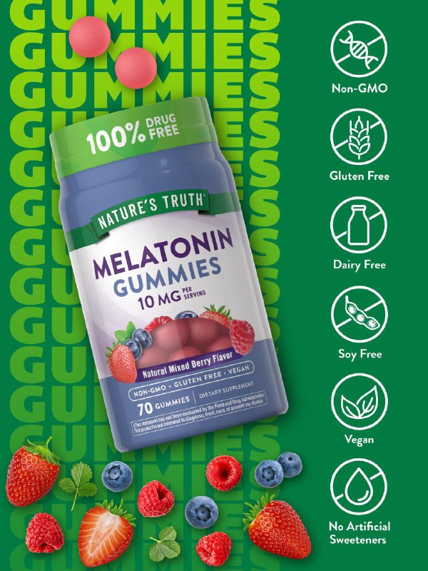 VITAMINAS EN GOMITAS SABOR BAYAS MIXTAS DE MELATONINA PARA DORMIR MAXIMA POTENCIA 10MG, HON GNO NATURE S TRUTH 70UND