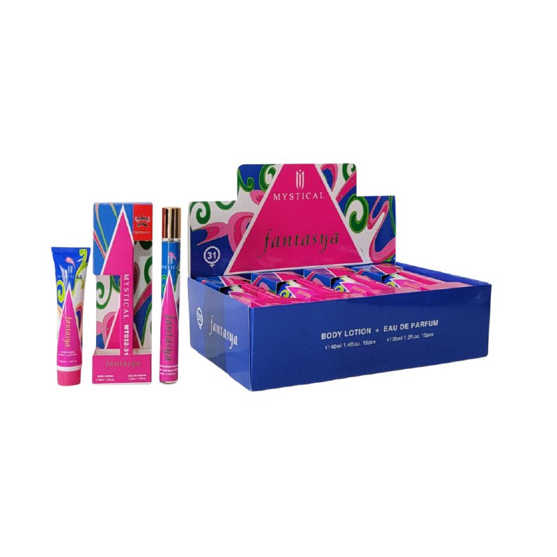 SET PERFUME EN TUBO PARA DAMA MYSTICAL FANTASYA 31 EDP 35ML, BODY LOTION 40ML (M)