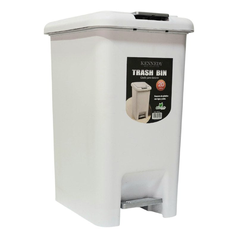BASURERO CESTA PARA BASURA DE PLASTICO CON TAPA Y PEDAL COLOR BLANCO DE 20LBS KENNEDY TRASH BIN 25X37X43CM