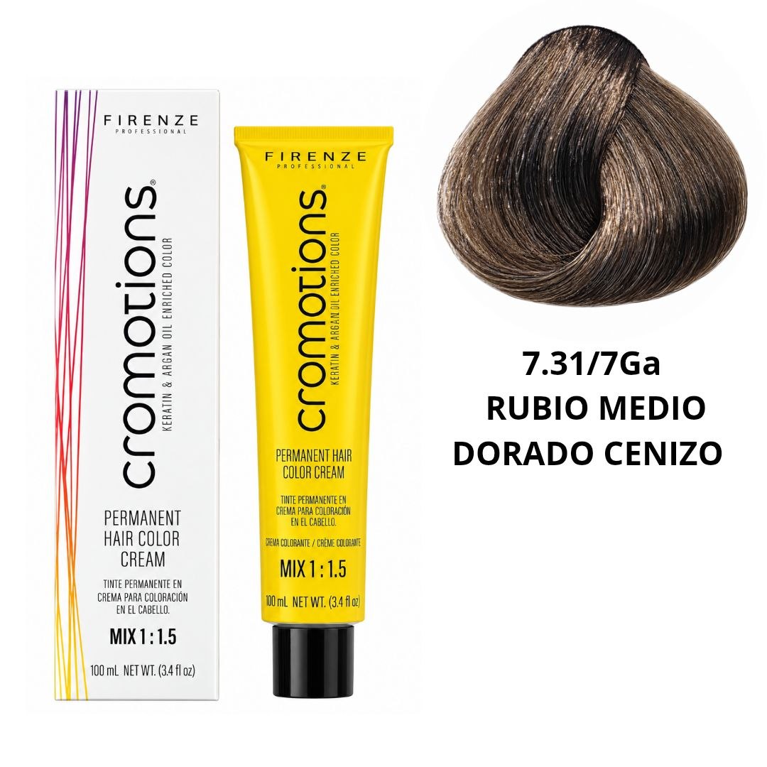 TINTE PERMANENTE EN CREMA CROMOTIONS 7.31/7GA RUBIO MEDIO DORADO CENIZO FIRENZE PROFESSIONAL 100ML