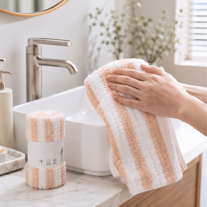 TOALLA DE BAÑO PARA MANOS A RAYAS BLANCO Y DURAZNO BILOV