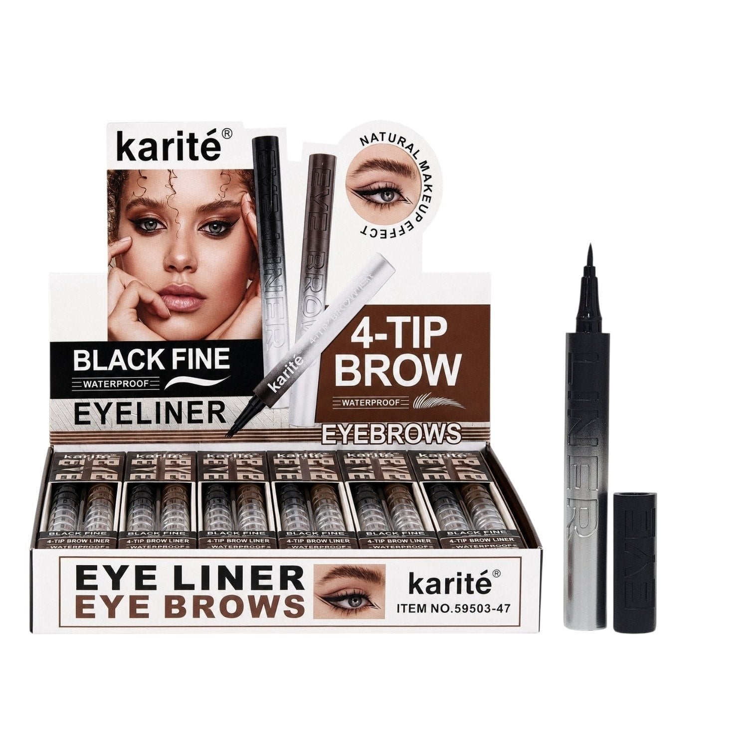 DELINEADOR DE OJOS FINO COLOR NEGRO, RESISTENTE AL AGUA Y LAPIZ DE CEJAS DE 4 PUNTAS COLOR CAFE, RESISTENTE AL AGUA KARITE 1G+1G
