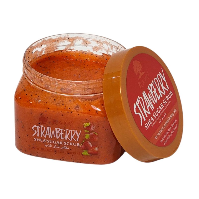 EXFOLIANTE CORPORAL NUTRITIVO CON EXTRACTO DE FRESA Y MANTECA DE KARITE RAKO 550G