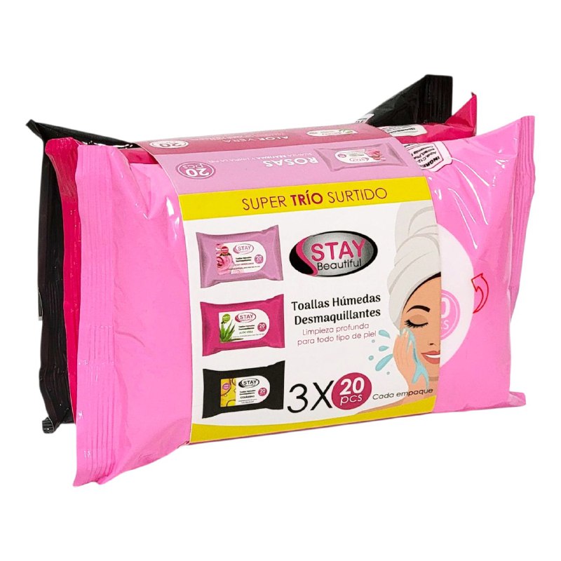 TRIO SURTIDO DE TOALLITAS DESMAQUILLANTES HUMEDAS DE ROSA ALOE VERA Y COLAGENO STAY BEAUTIFUL 20UNDX3