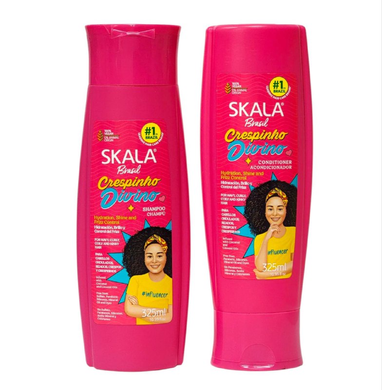SHAMPOO EN SET, SHAMPOO SIN SAL 325ML, ACONDICIONADOR 325ML, HIDRATACION, BRILLO Y CONTROL DE FRIZZ PARA CABELLOS RIZADOS SKALA BRASIL