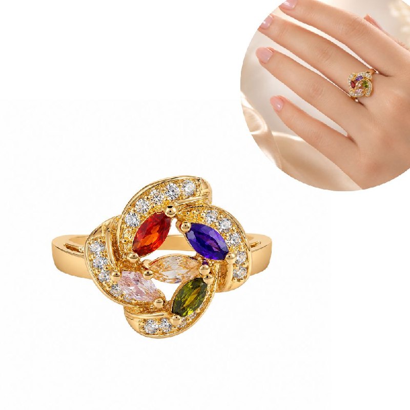ANILLO DE ENCHAPE PARA DAMA CON DISEÑO DE FLOR CON PIEDRAS DE COLORES