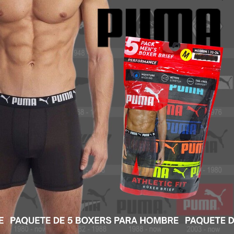 ROPA INTERIOR PARA CABALLERO PUMA ATHLETIC FIT BOXER BRIEF 5 UNIDADES TALLA MEDIUM 32-34 (M)