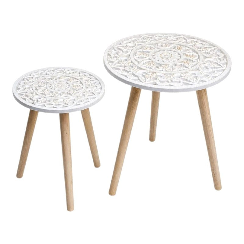 SET DE MESAS LATERALES ARTESANALES EN ACABADO BLANCO Y DORADO ENVEJECIDO MESAS AUXILIARES BOHEMIAS DE MADERA TALLADA 2 PIEZAS