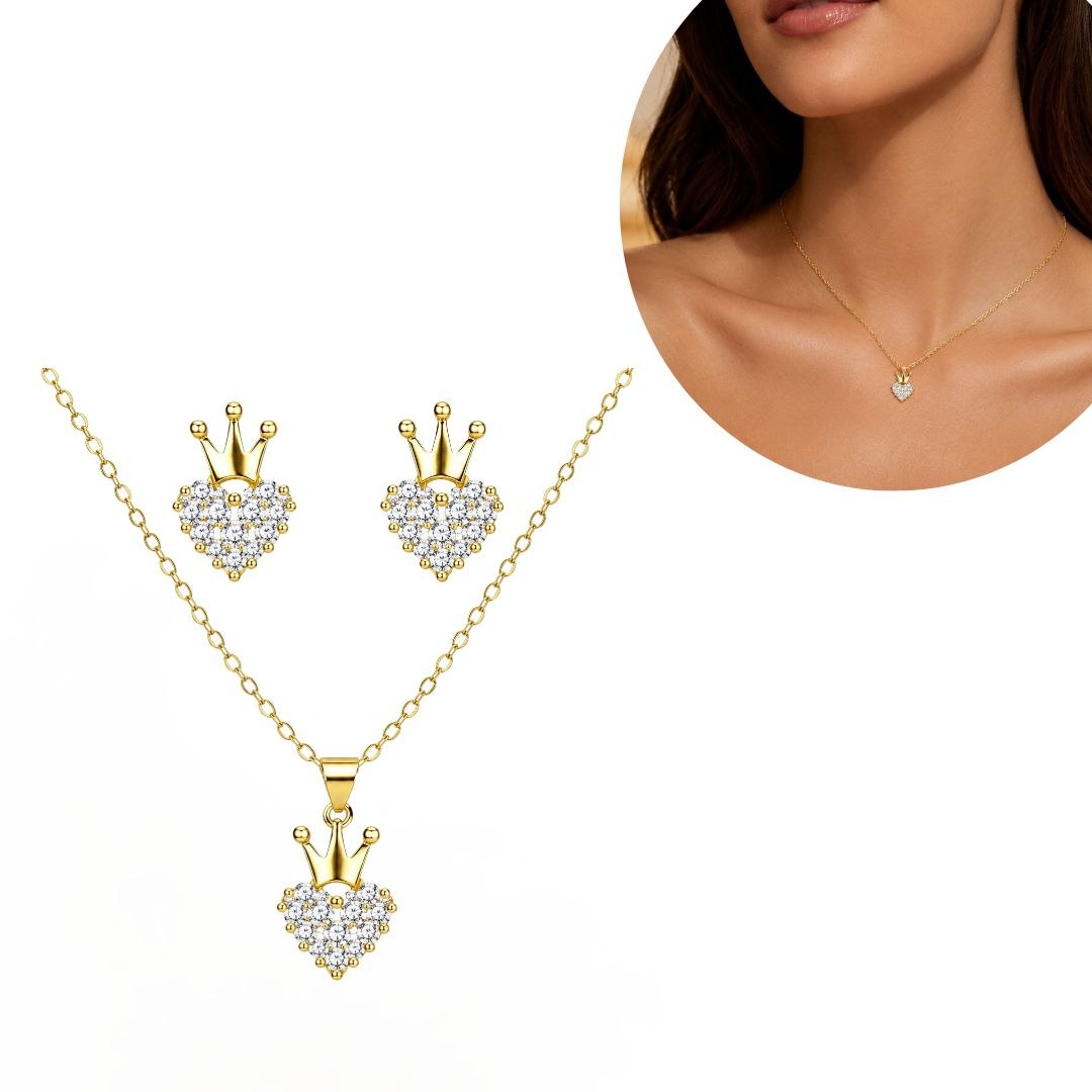 SET DE ENCHAPE PARA DAMA CADENA, DIJE Y TOPOS CORAZÓN CON CORONA Y CIRCONES