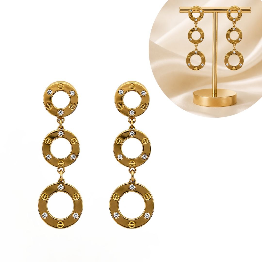ARETES DE ENCHAPE PARA DAMA TRIPLE ARO COLGANTE CON MOTIVO TIPO TORNILLO Y CIRCONES
