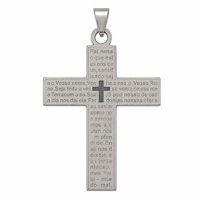DIJE DE ENCHAPE PARA CADENA CON DISEÑO PADRE NUESTRO Y CRUZ 7CM