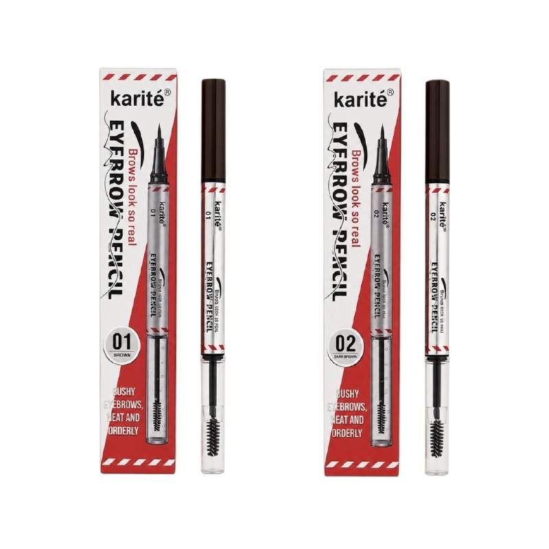 LAPIZ DE CEJAS 2 EN 1, LAPIZ PARA CEJAS ULTRAPRECISO, GEL PEINADOR MANTIIENE CEJAS LIMPIAS Y ORDENADAS KARITE 25+0.5ML (DUPE DE MAYBELLINE)