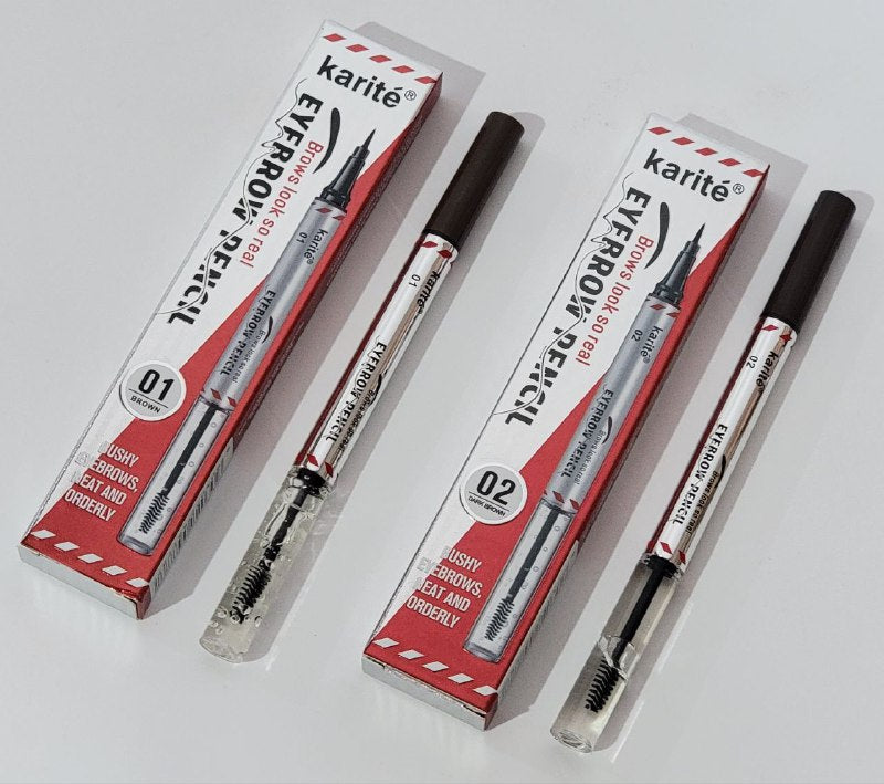 LAPIZ DE CEJAS 2 EN 1, LAPIZ PARA CEJAS ULTRAPRECISO, GEL PEINADOR MANTIIENE CEJAS LIMPIAS Y ORDENADAS KARITE 25+0.5ML