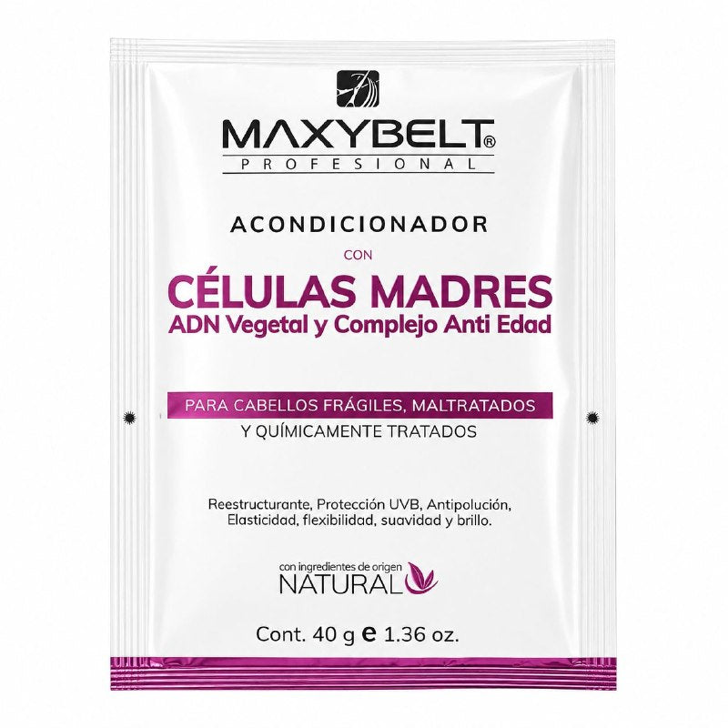 ACONDICIONADOR CON CELULAS MADRE, ADN VEGETAL Y COMPLEJO ANTIEDAD RESTRUCTURANTE Y SELLADOR DE CUTICULA MAXYBELT 40G