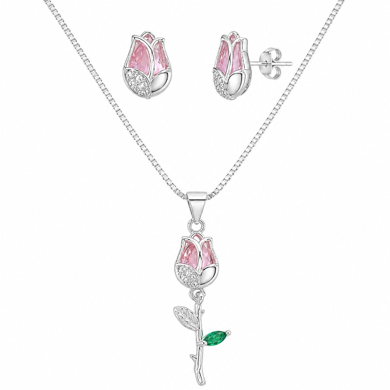 SET DE ENCHAPE PARA DAMA CON DISEÑO DE ROSA CON CRISTAL ROSADO Y HOJA VERDE